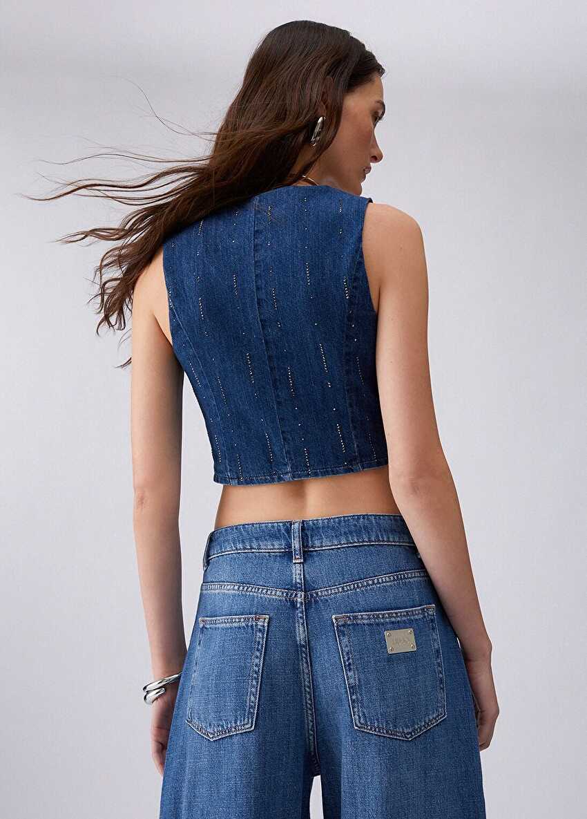 Mavi Strass Detaylı Denim Yelek