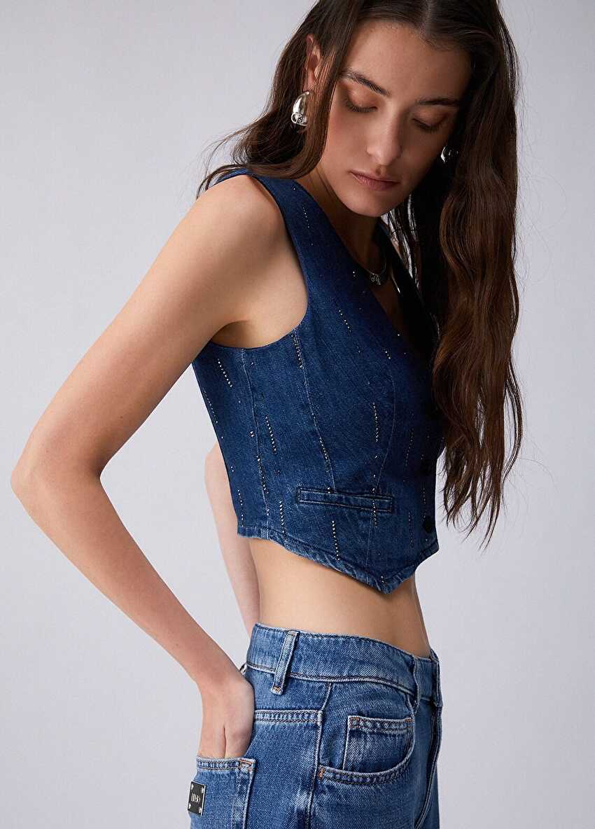 Mavi Strass Detaylı Denim Yelek