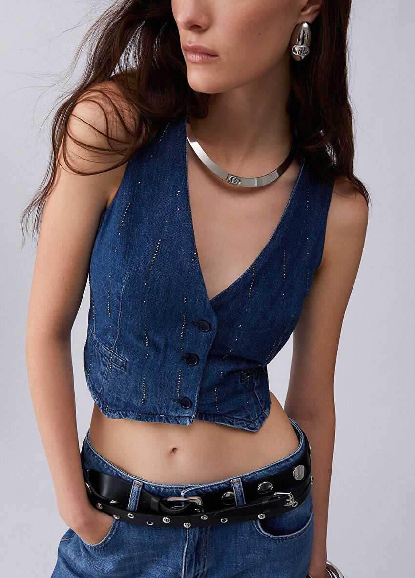 Mavi Strass Detaylı Denim Yelek