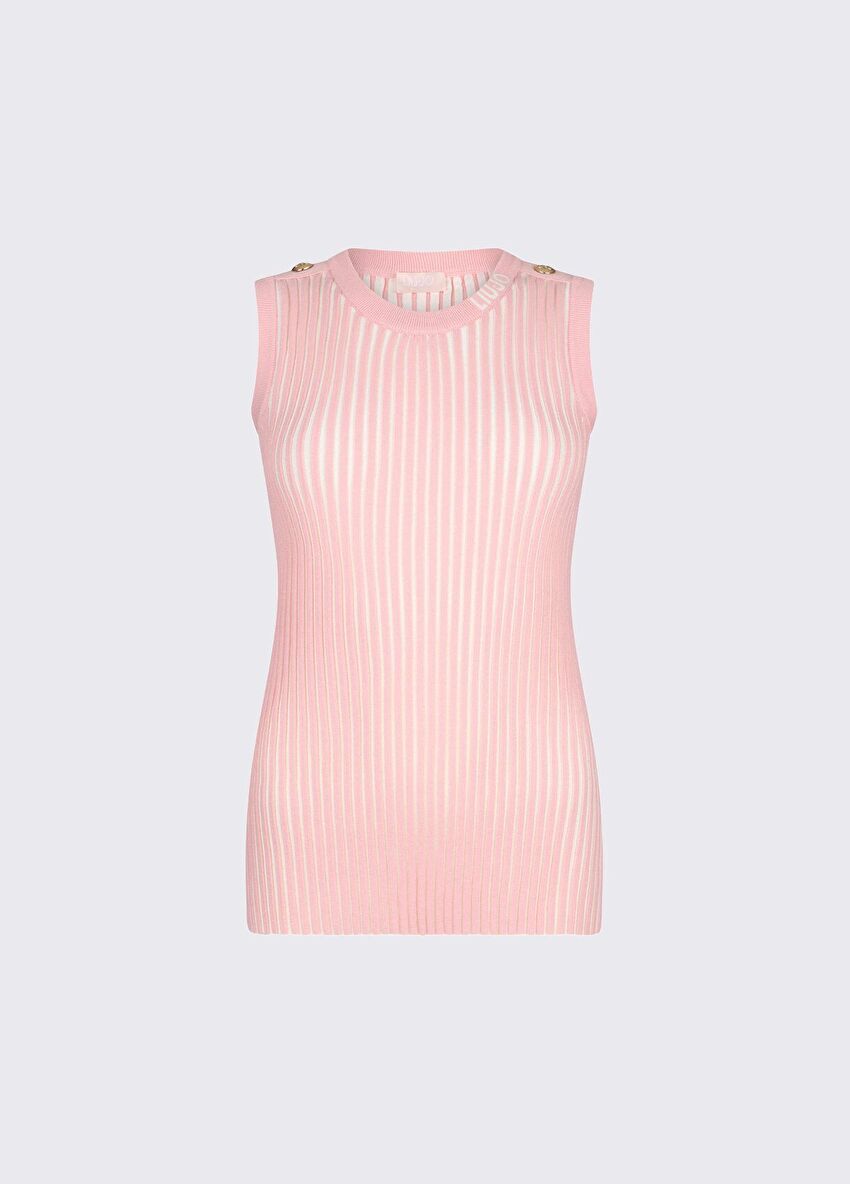 Pembe / Beyaz Jakarlı Örme Bluz