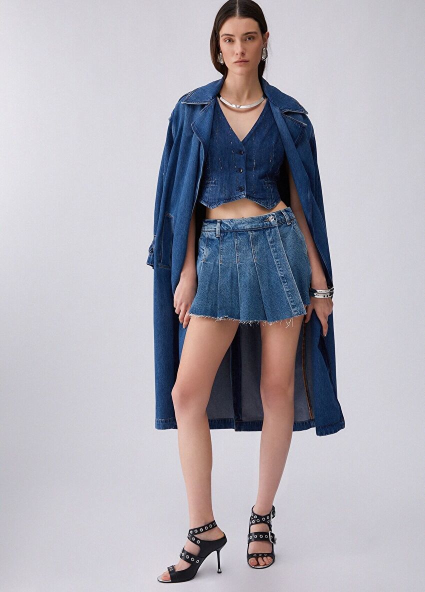 Mavi Kabartmalı Kısa Denim Etek