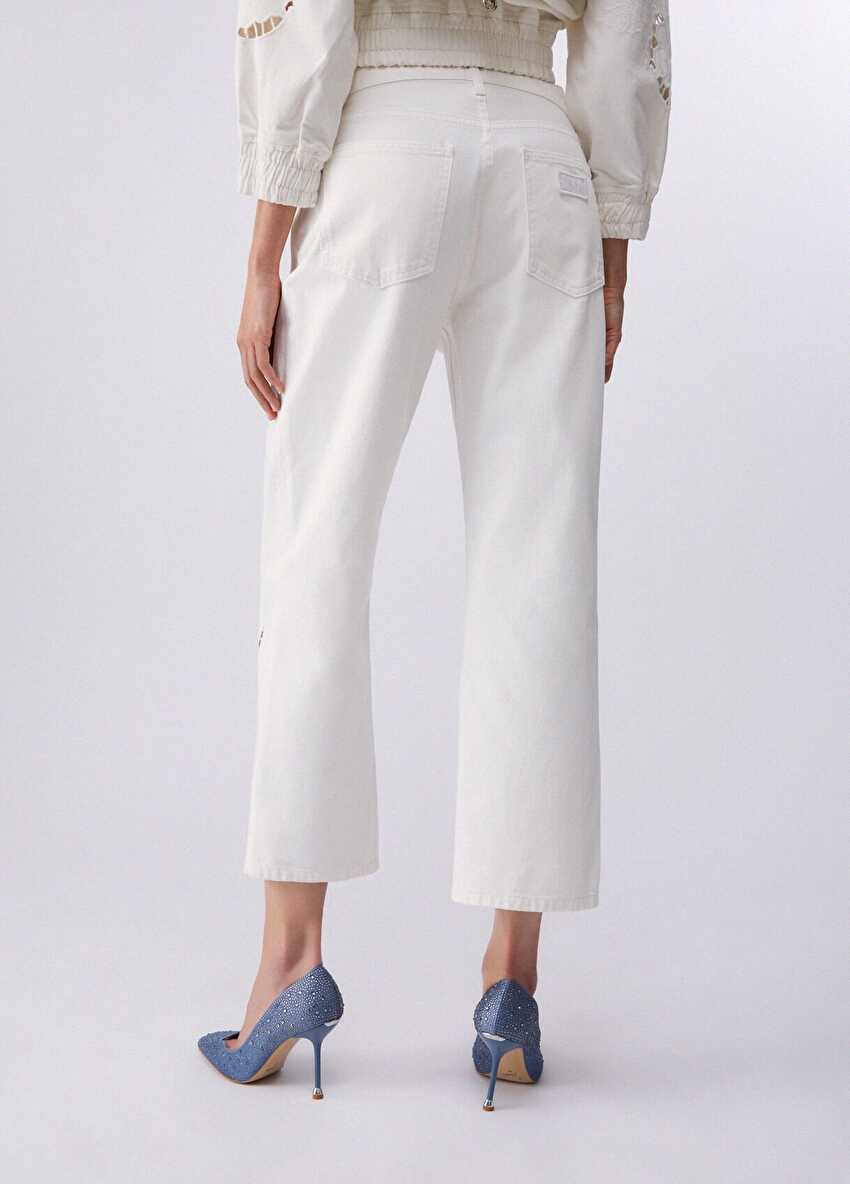 Beyaz Çiçek Işlemeli Straight Denim Pantolon