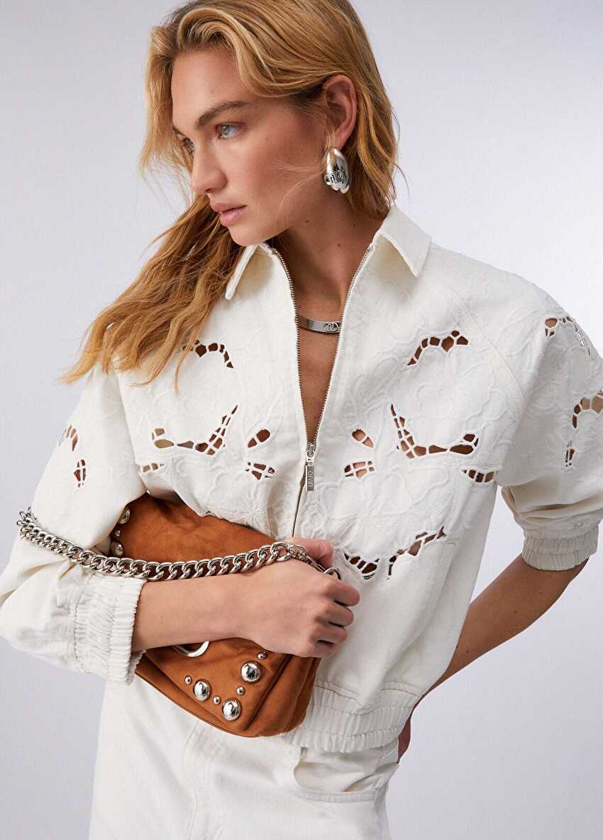 Beyaz İşlemeli Denim Bomber Ceket