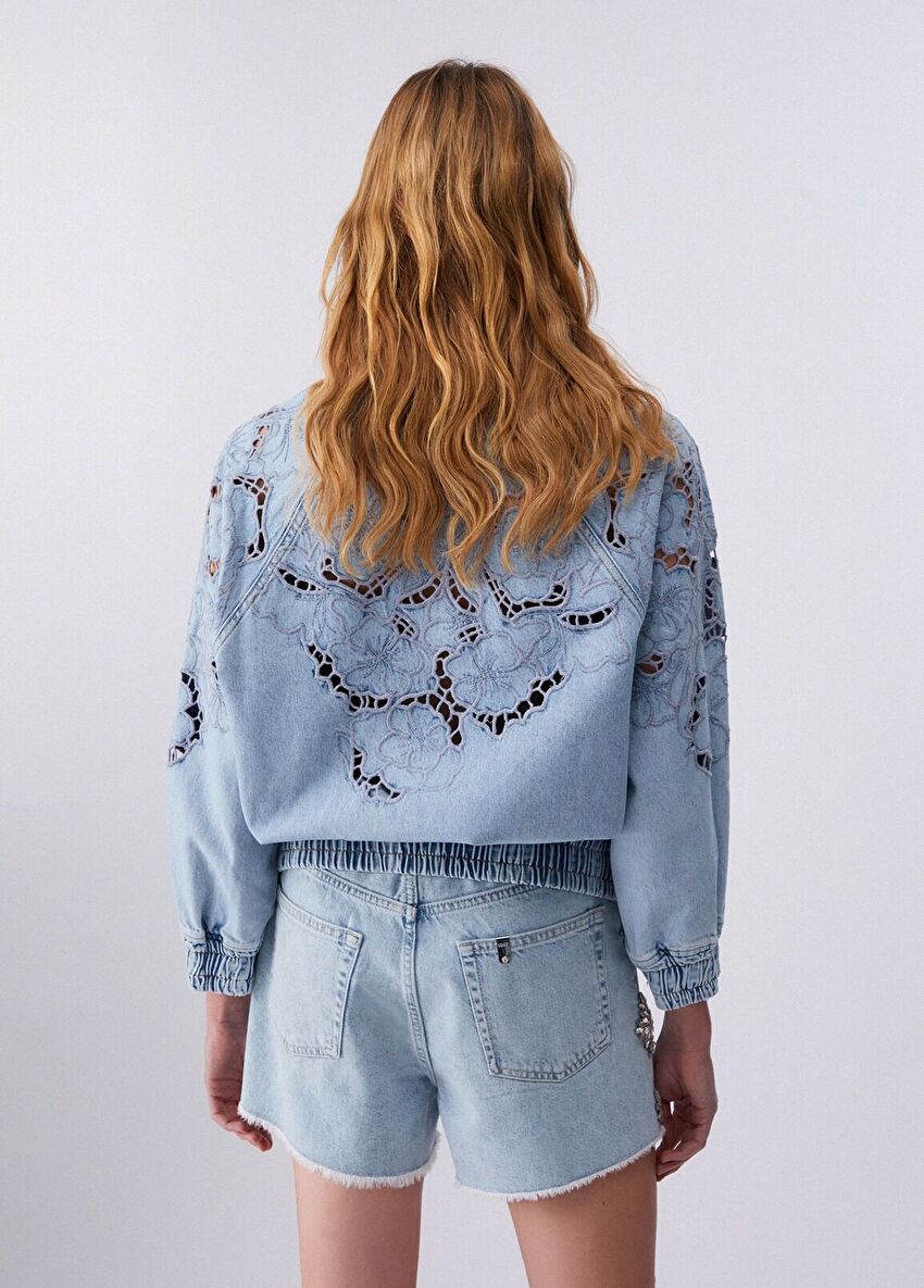 Mavi Işlemeli Denim Bomber Ceket