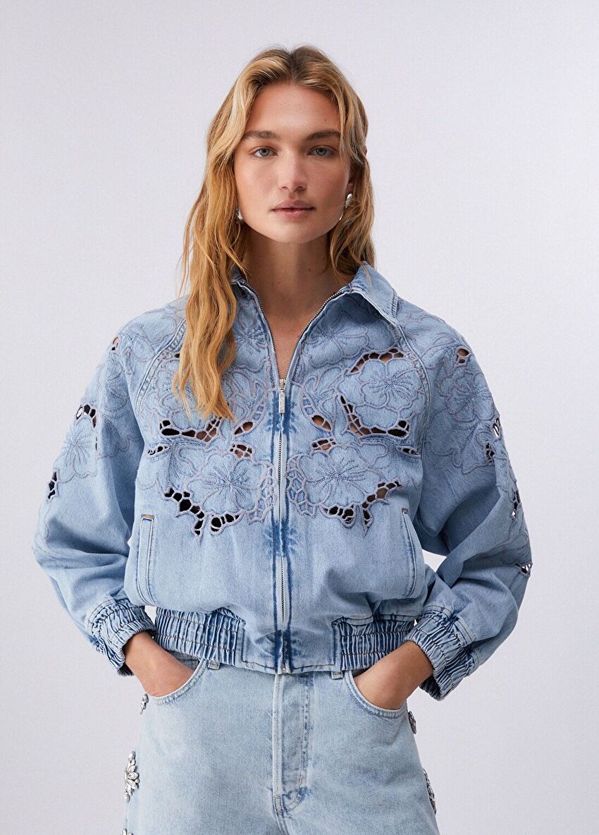 Mavi Işlemeli Denim Bomber Ceket
