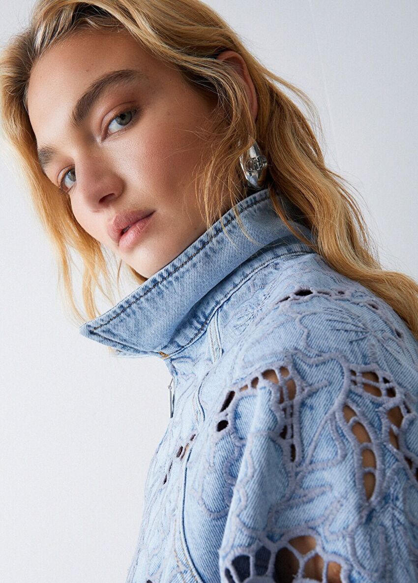 Mavi Işlemeli Denim Bomber Ceket