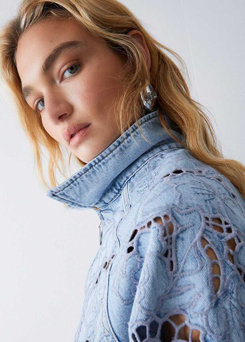 Mavi Işlemeli Denim Bomber Ceket