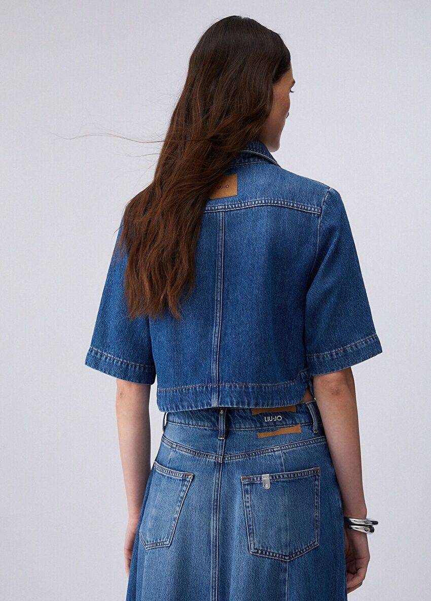 Koyu Mavi Kısa Kollu Tencel Denim Gömlek