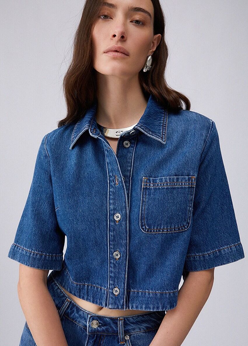Koyu Mavi Kısa Kollu Tencel Denim Gömlek