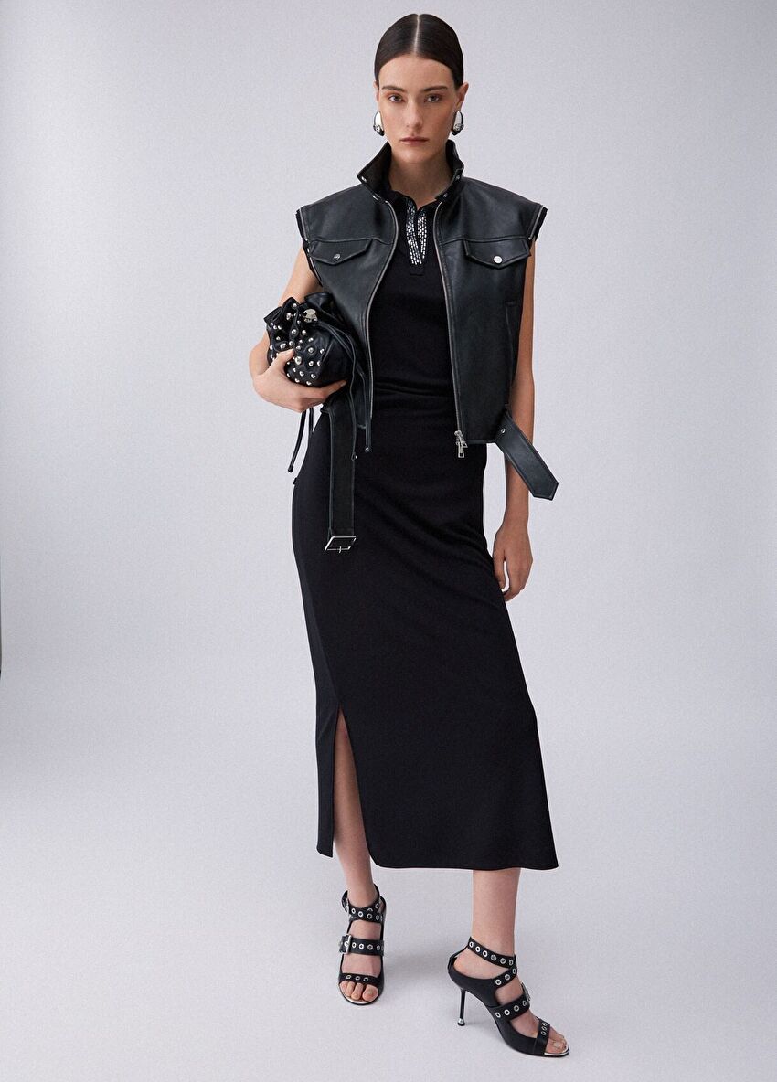 Siyah Taşlı Polo Yaka Jarse Elbise