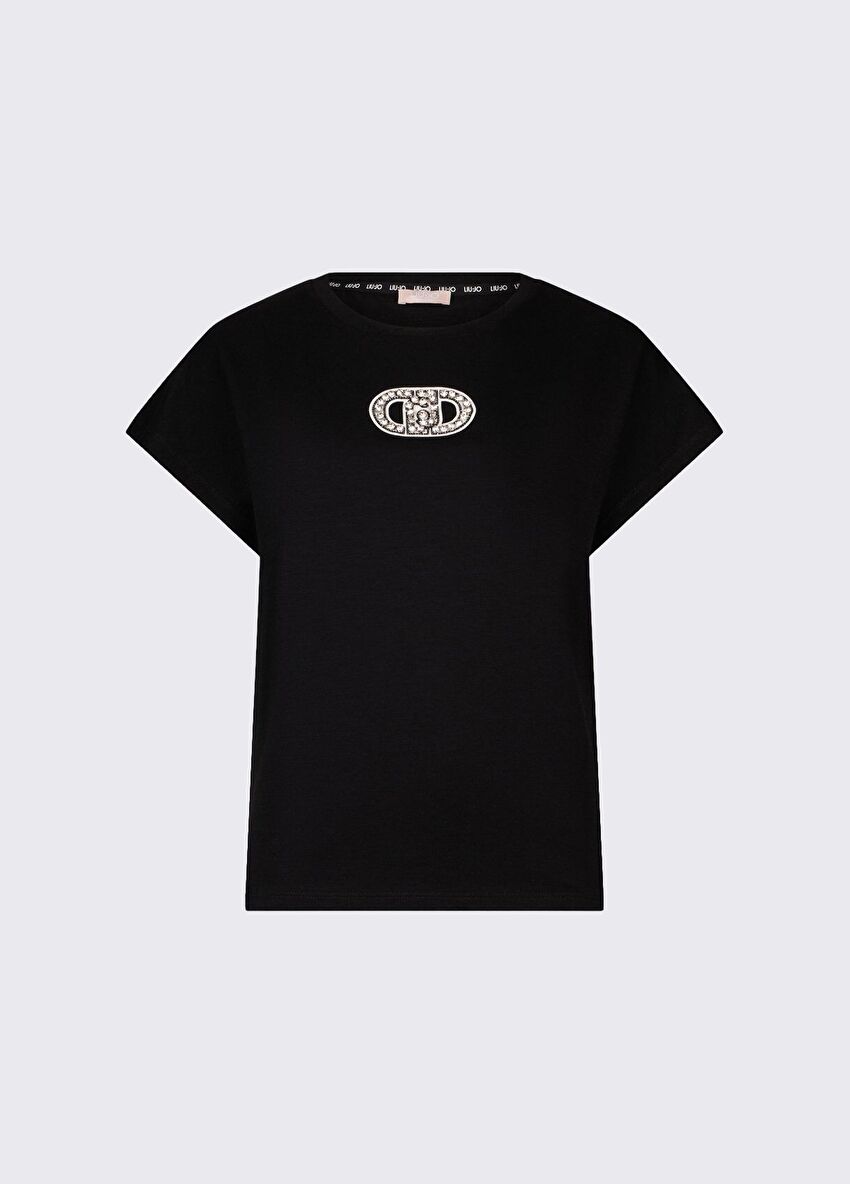 Siyah Kısa Kollu Taşlı T-Shirt