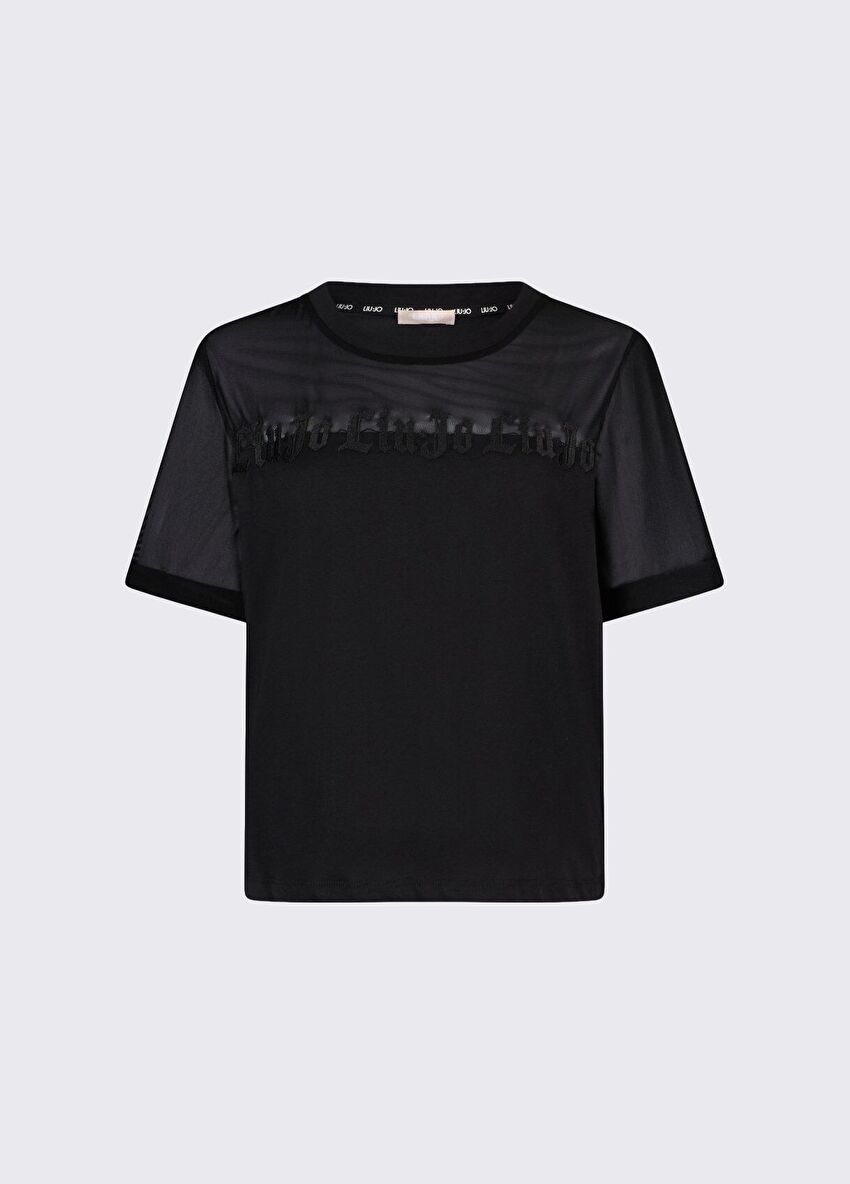 Siyah Tüllü Kısa Kol T-Shirt