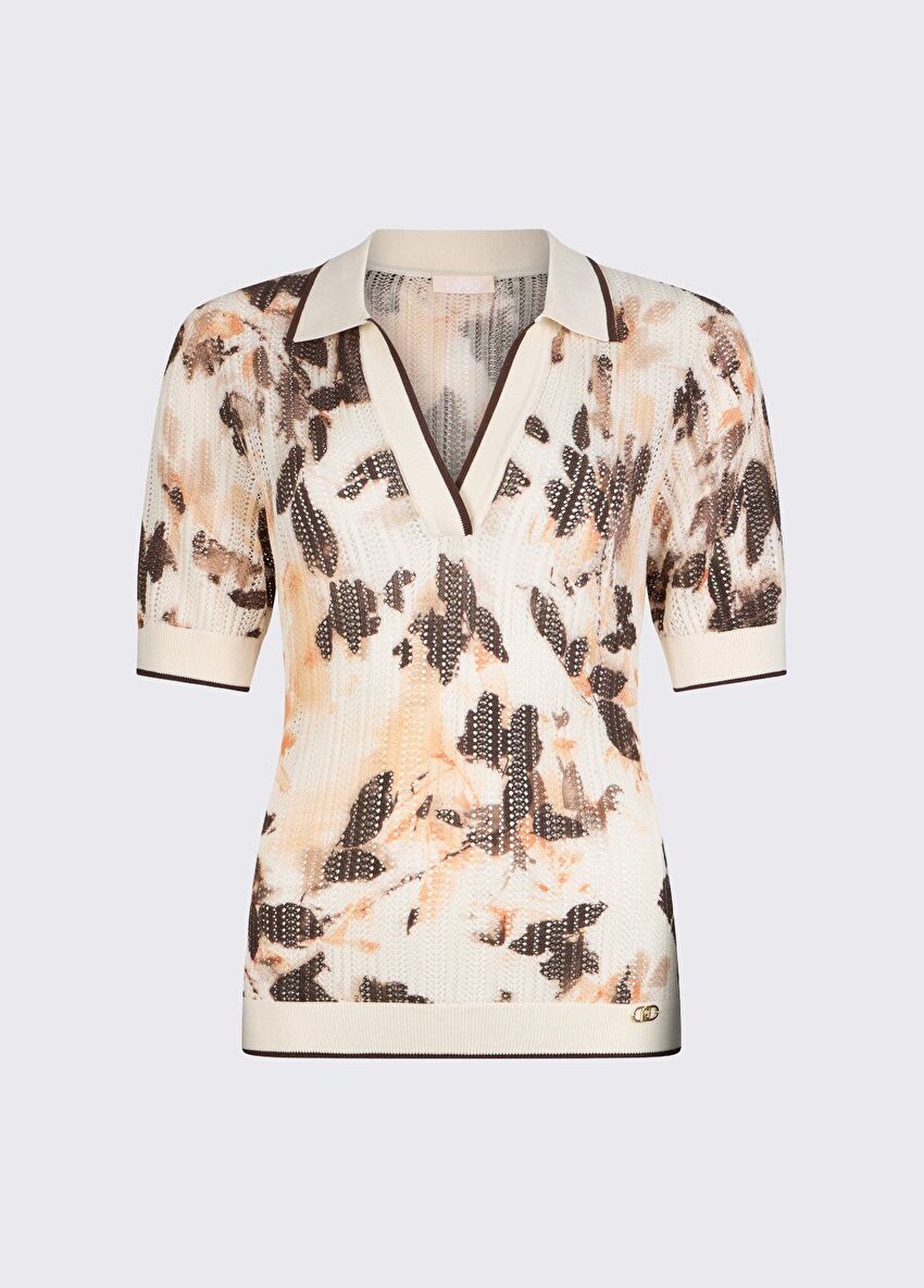 Desenli Polo Yaka Ajur Örme Bluz