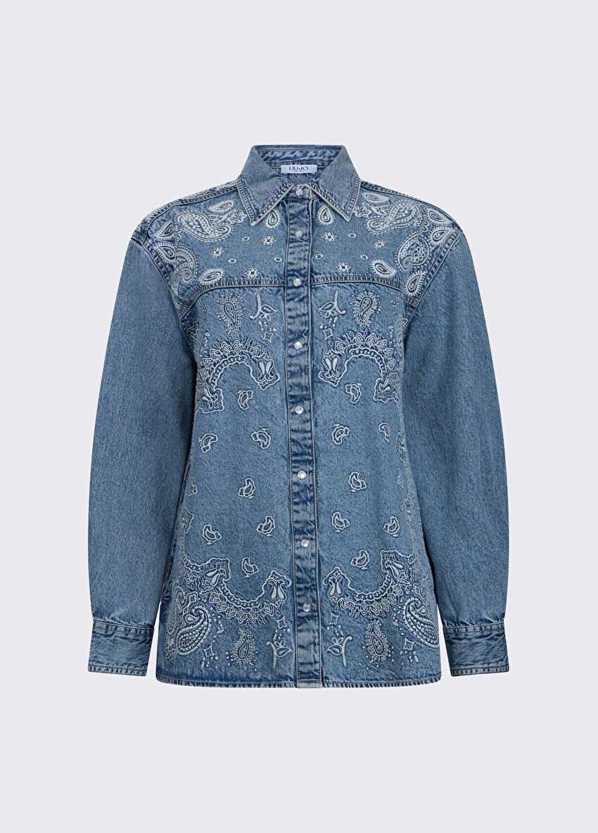 Mavi Işlemeli Denim Gömlek Ceket