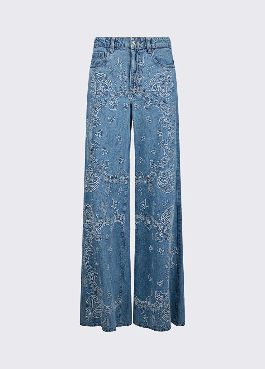 Mavi Işlemeli Flare Denim Pantolon