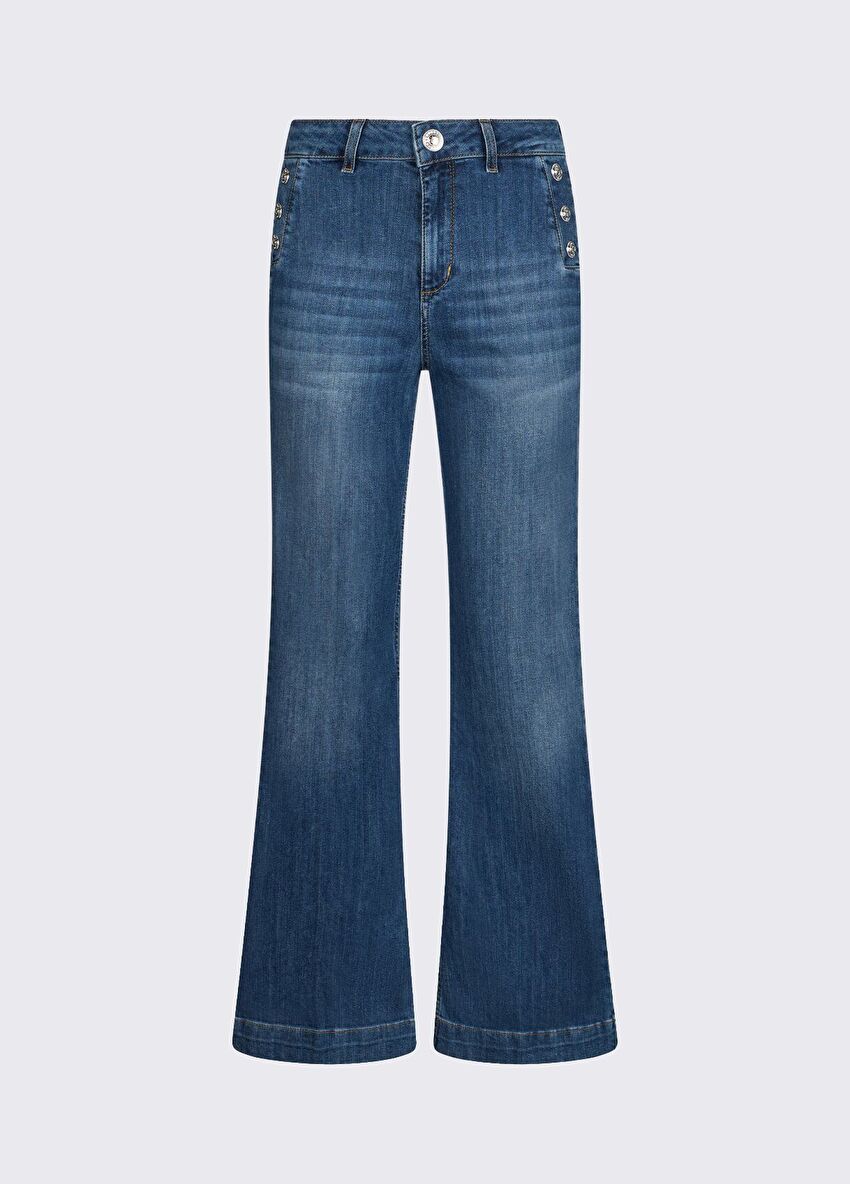 Koyu Mavi Yüksek Bel Düğmeli Flare Denim