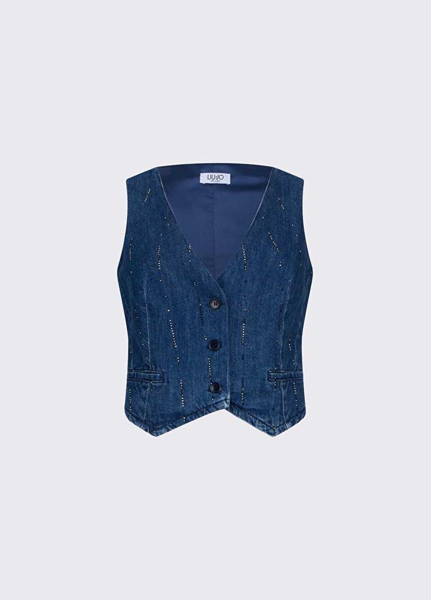 Mavi Strass Detaylı Denim Yelek