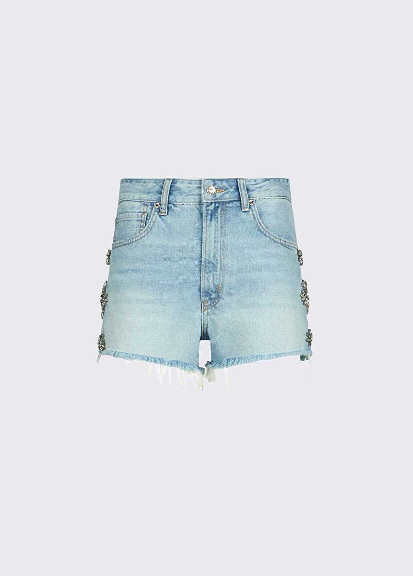 Mavi Yırtık Detaylı Denim Şort
