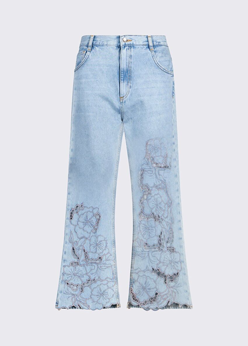 Mavi Çiçek Işlemeli Straight Denim Pantolon