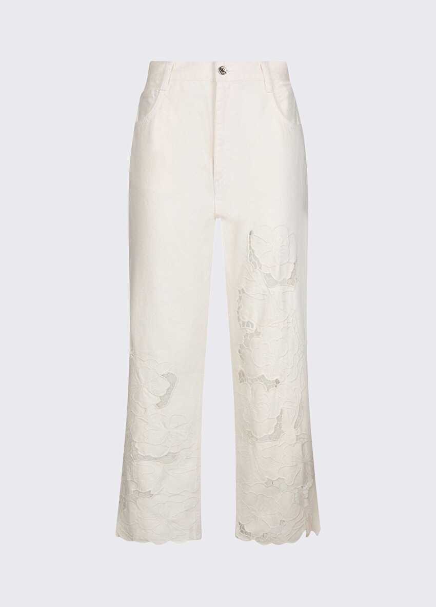 Beyaz Çiçek Işlemeli Straight Denim Pantolon