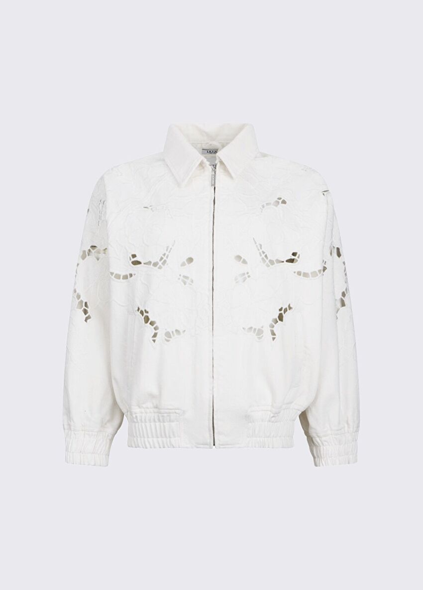 Beyaz İşlemeli Denim Bomber Ceket