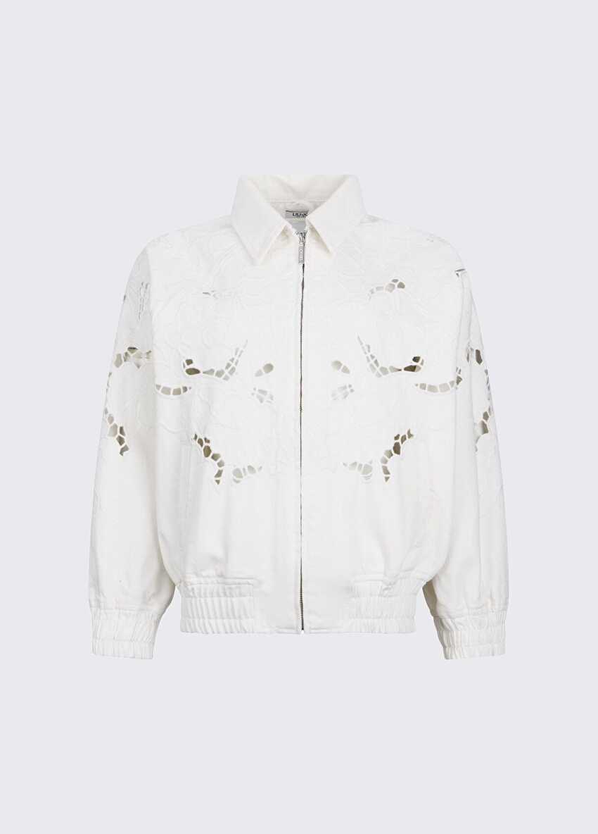 Beyaz İşlemeli Denim Bomber Ceket