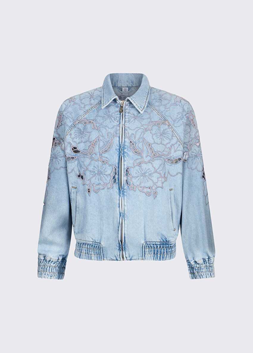 Mavi Işlemeli Denim Bomber Ceket