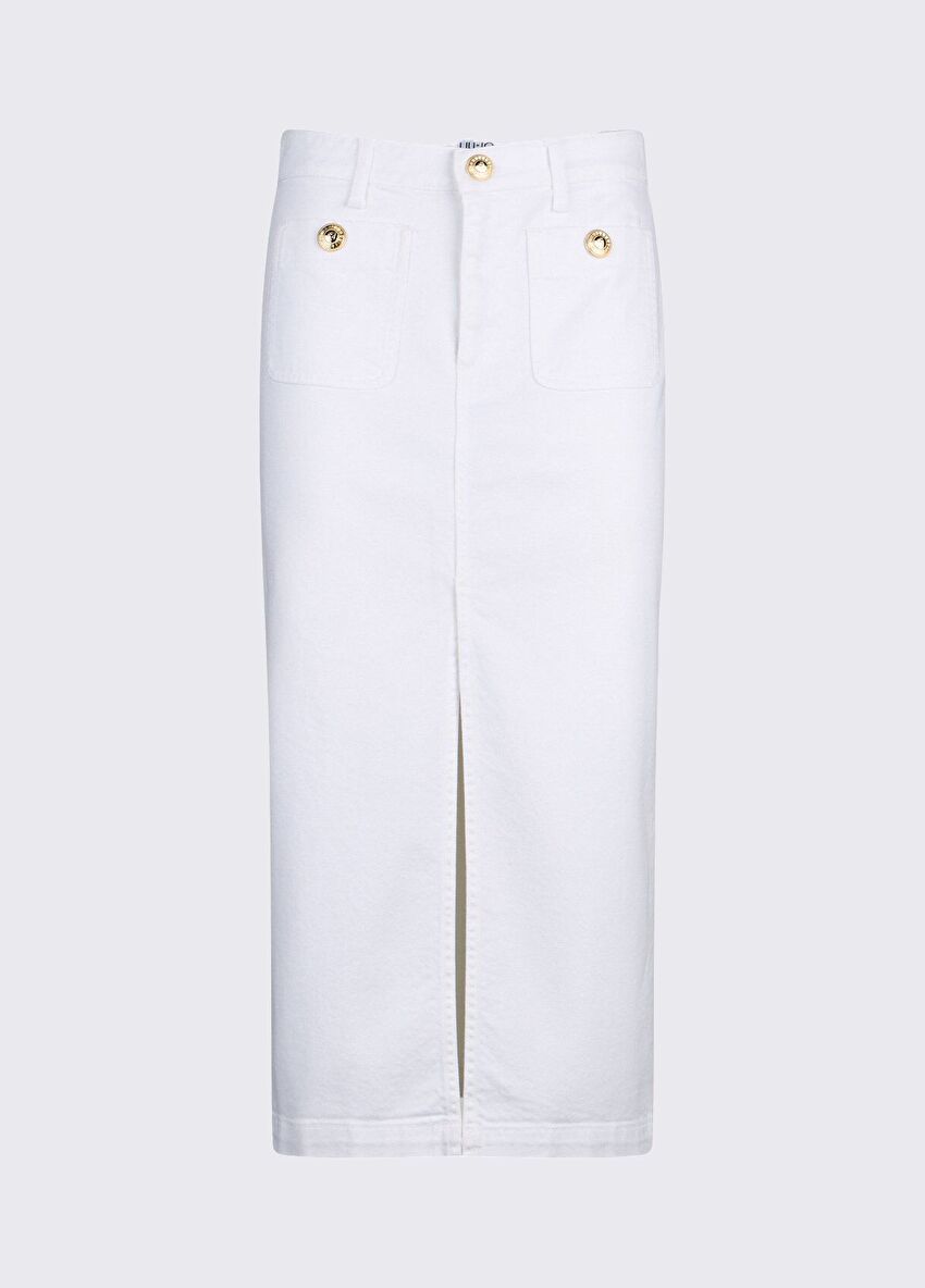 Beyaz Düğme Detaylı Uzun Etek