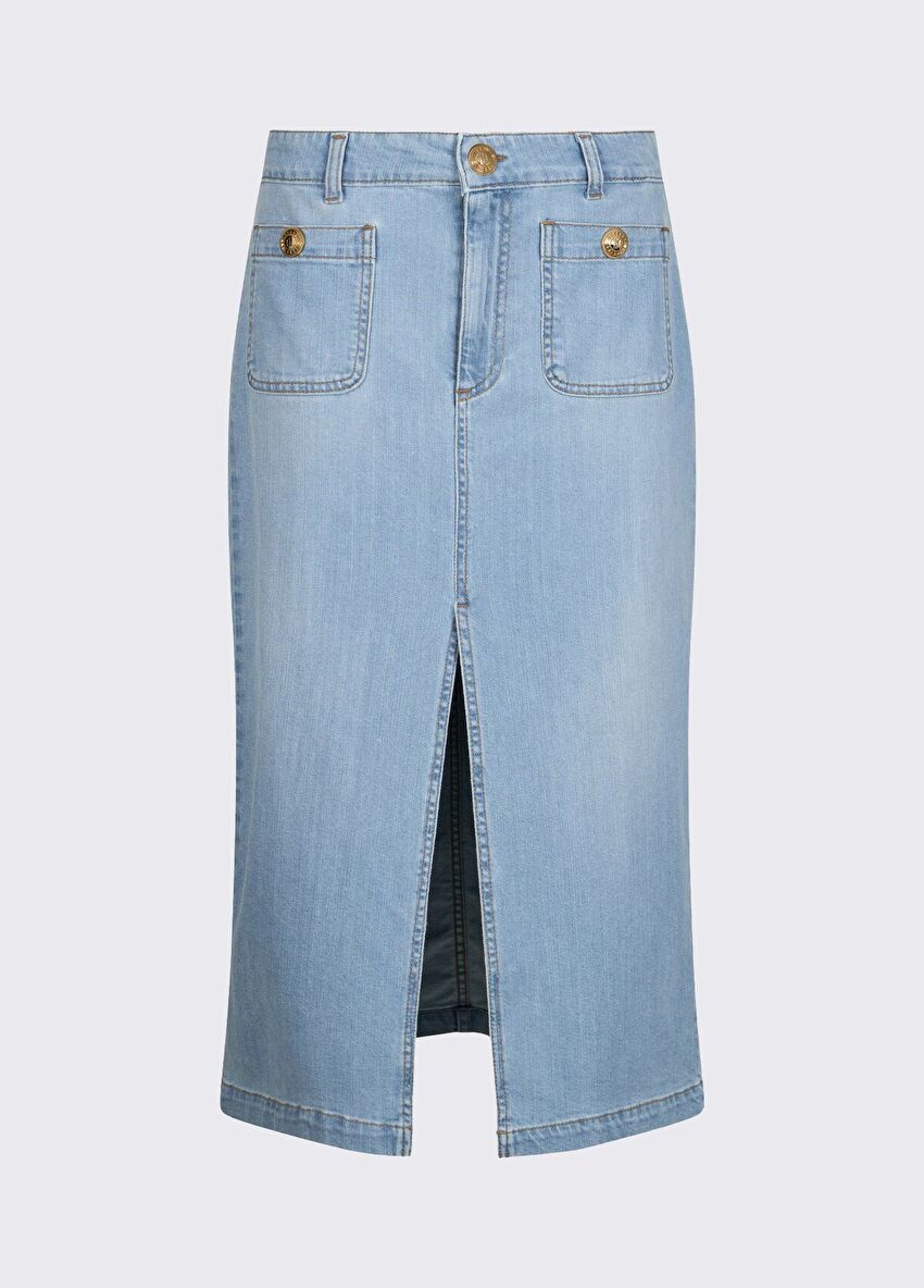 Açık Mavi Düğme Detaylı Uzun Etek