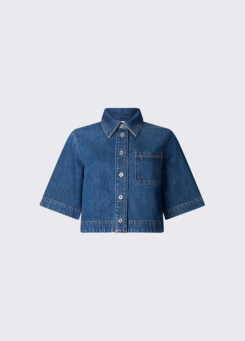Koyu Mavi Kısa Kollu Tencel Denim Gömlek