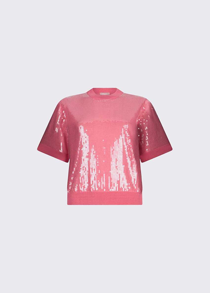 Pembe Kısa Kollu Kapalı Yaka Örme Üst