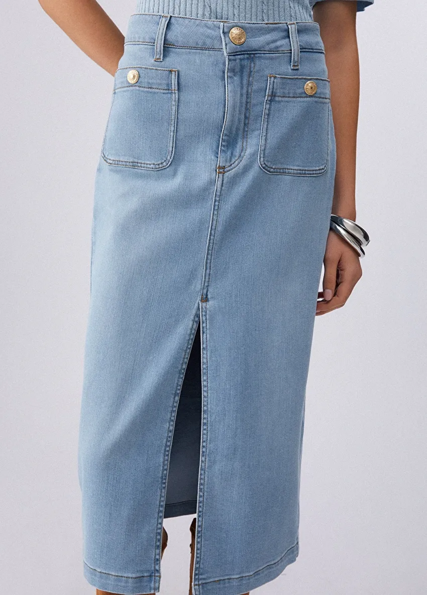 Açık Mavi Düğme Detaylı Uzun Etek