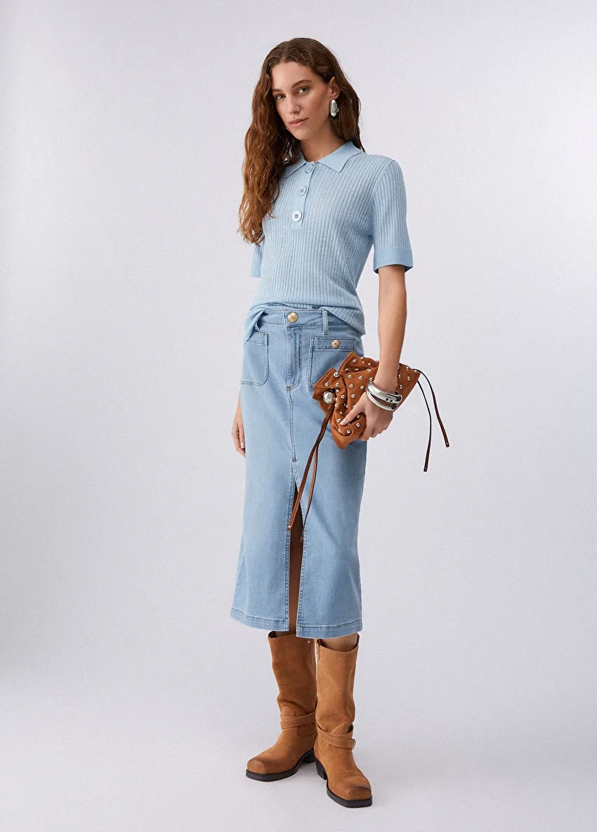 Açık Mavi Düğme Detaylı Uzun Etek