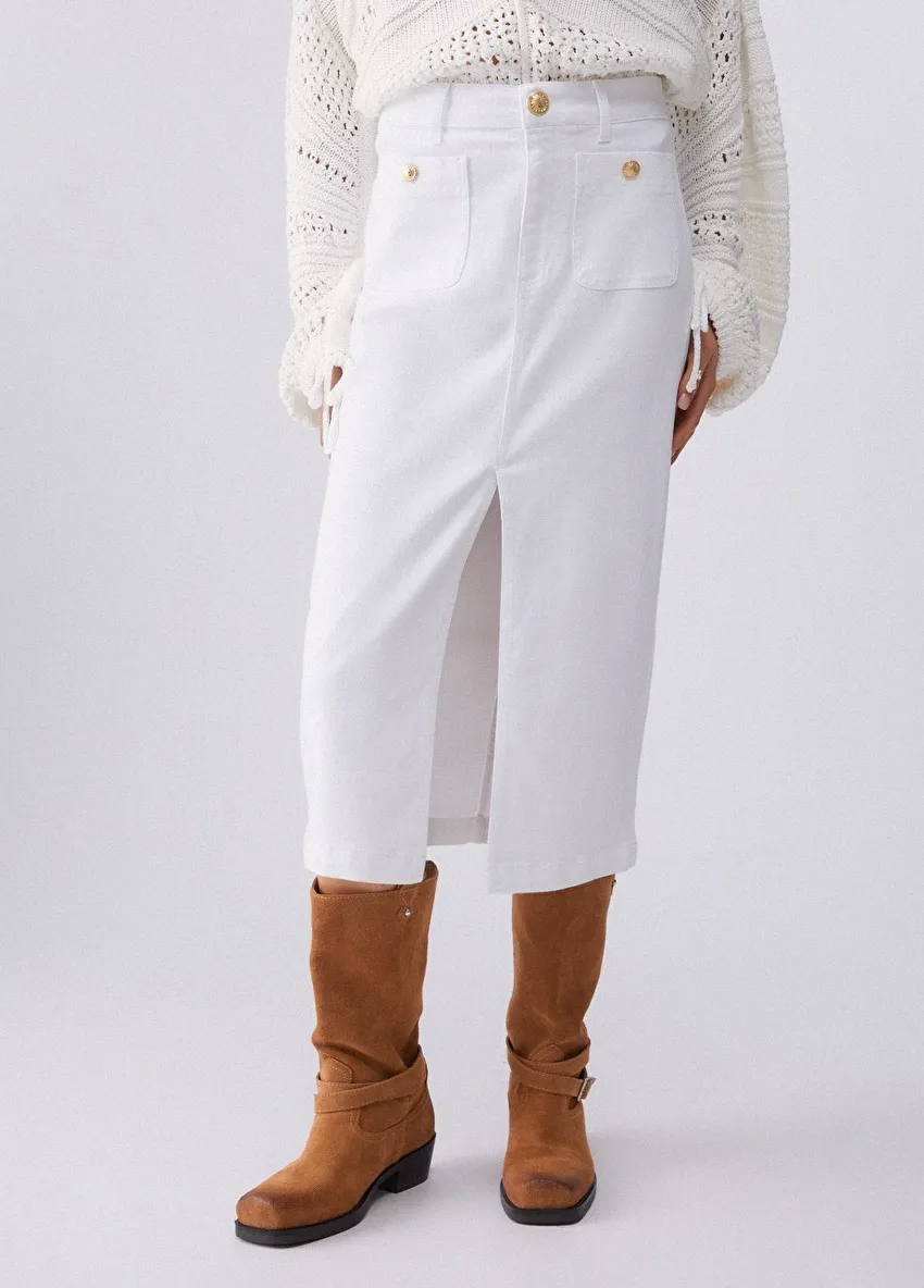 Beyaz Düğme Detaylı Uzun Etek