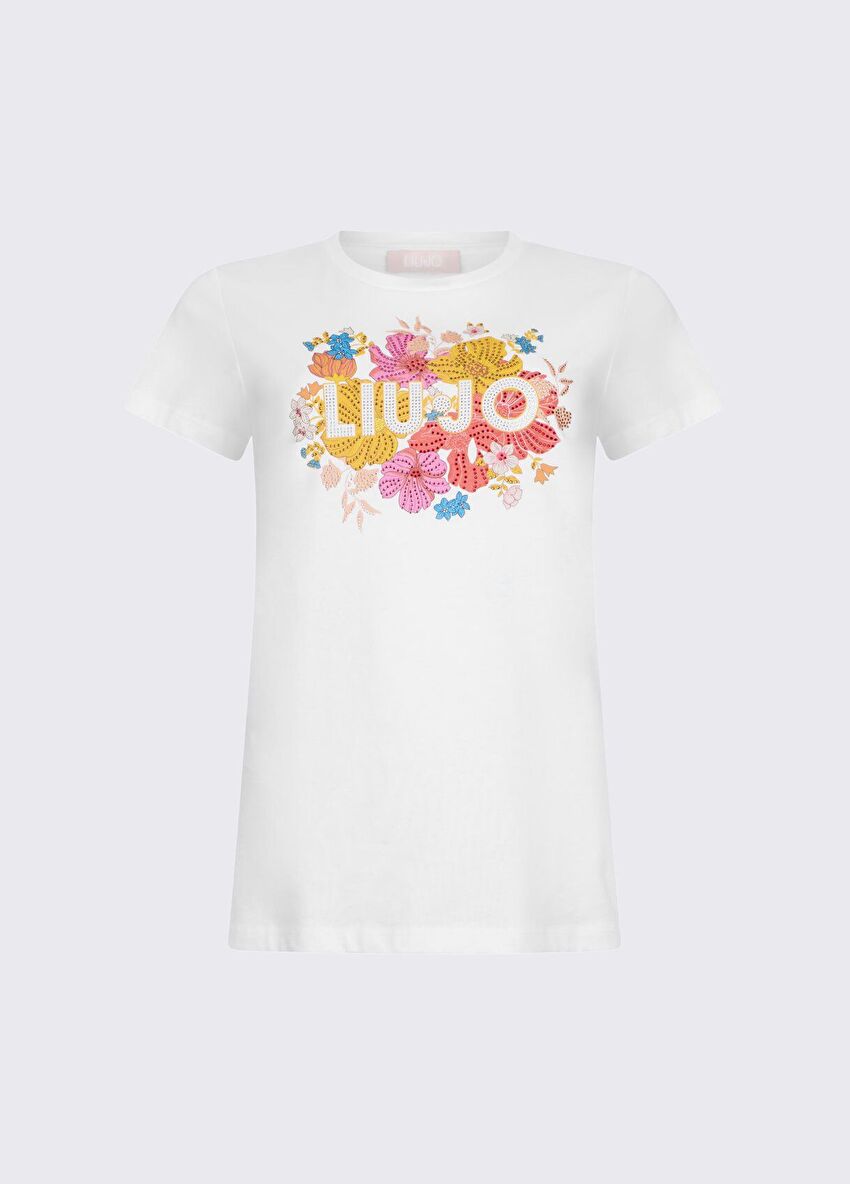 Beyaz Taş Baskı Kısa Kollu T-Shirt