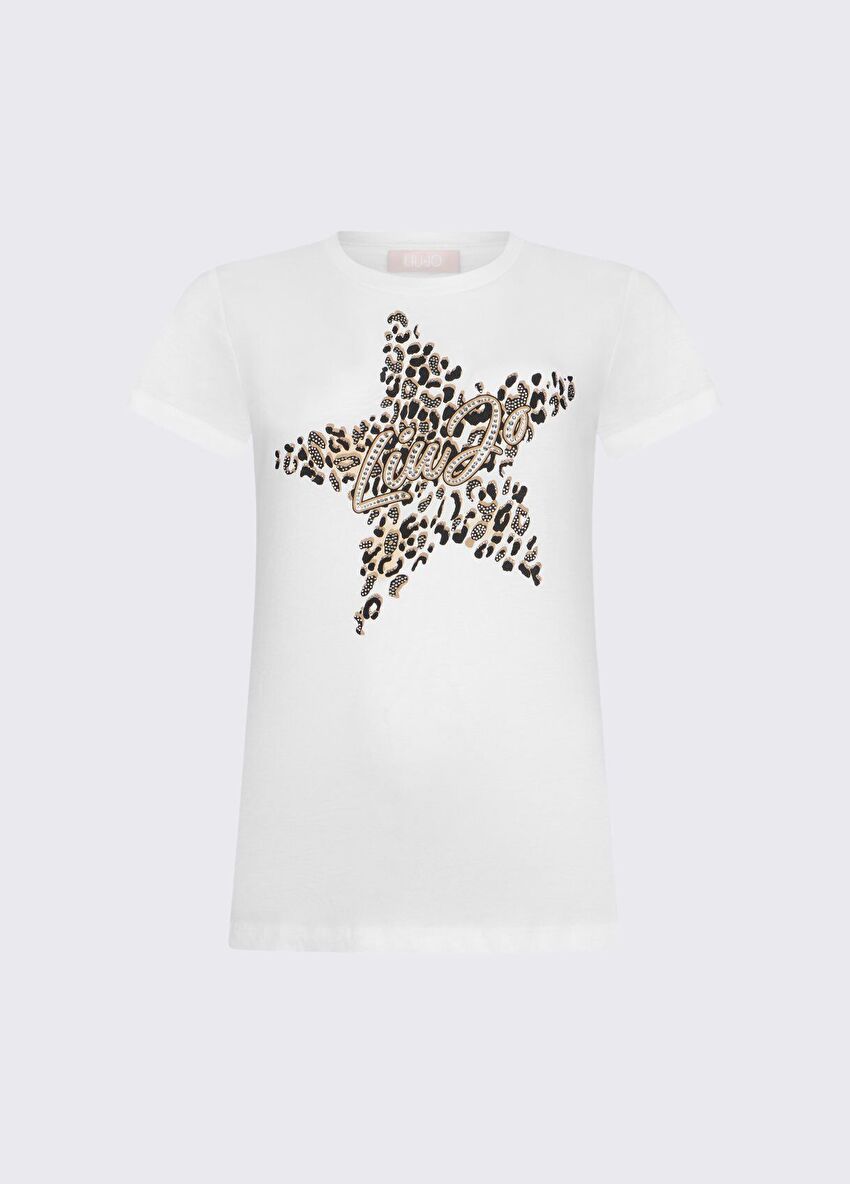 Beyaz Baskılı Kısa Kollu T-Shirt