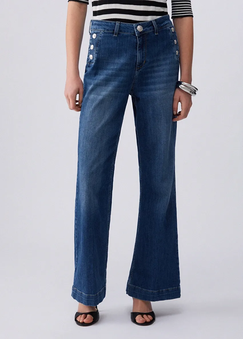 Koyu Mavi Yüksek Bel Düğmeli Flare Denim