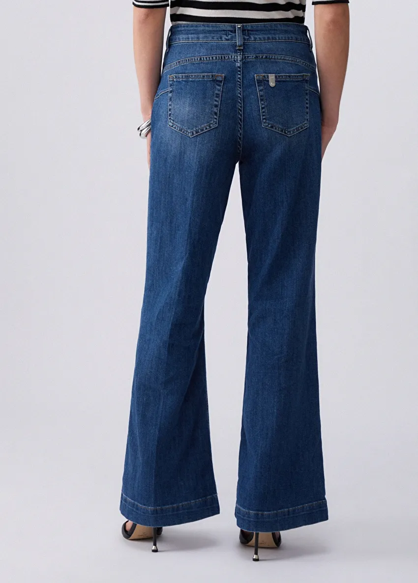 Koyu Mavi Yüksek Bel Düğmeli Flare Denim