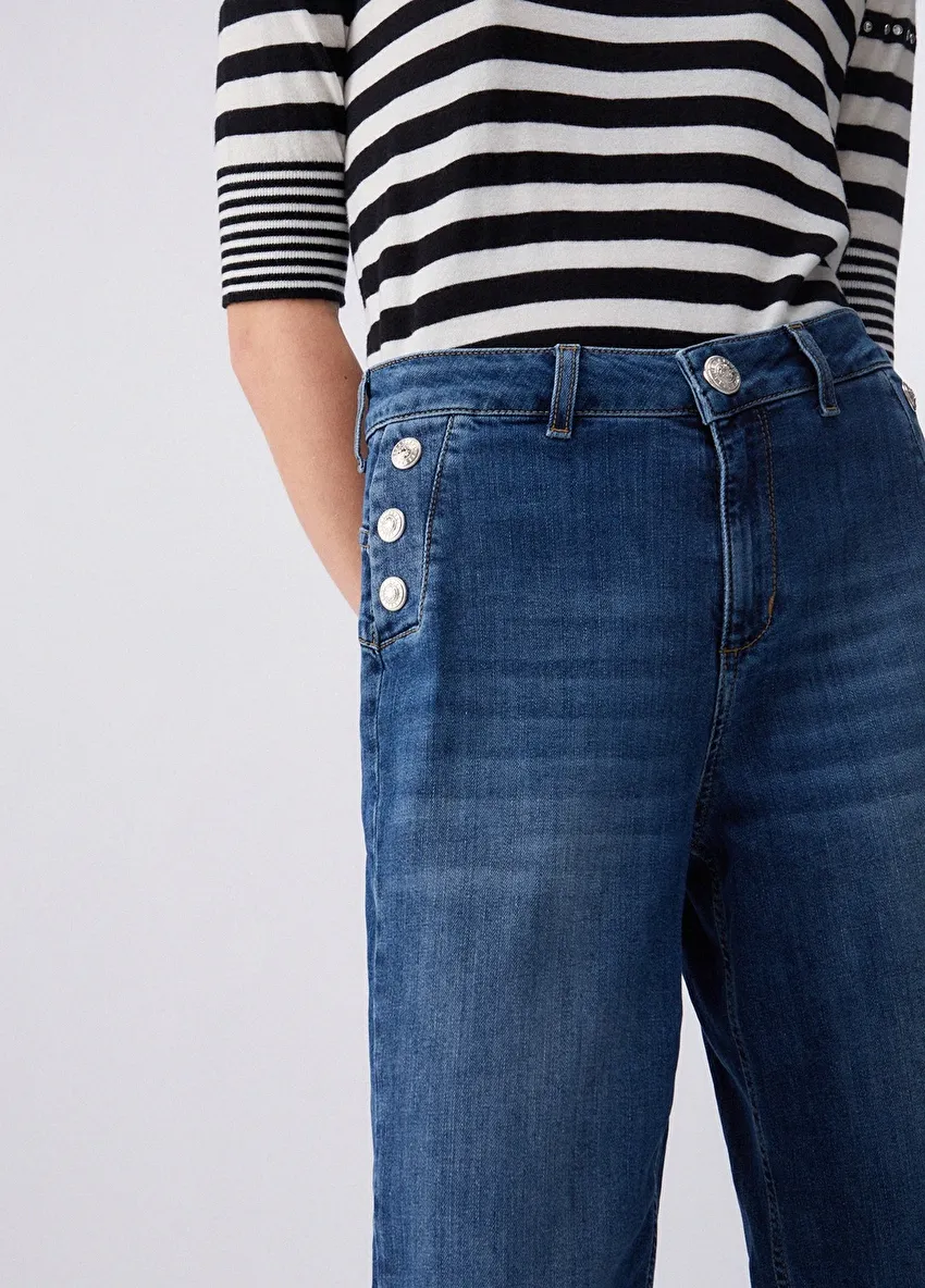 Koyu Mavi Yüksek Bel Düğmeli Flare Denim