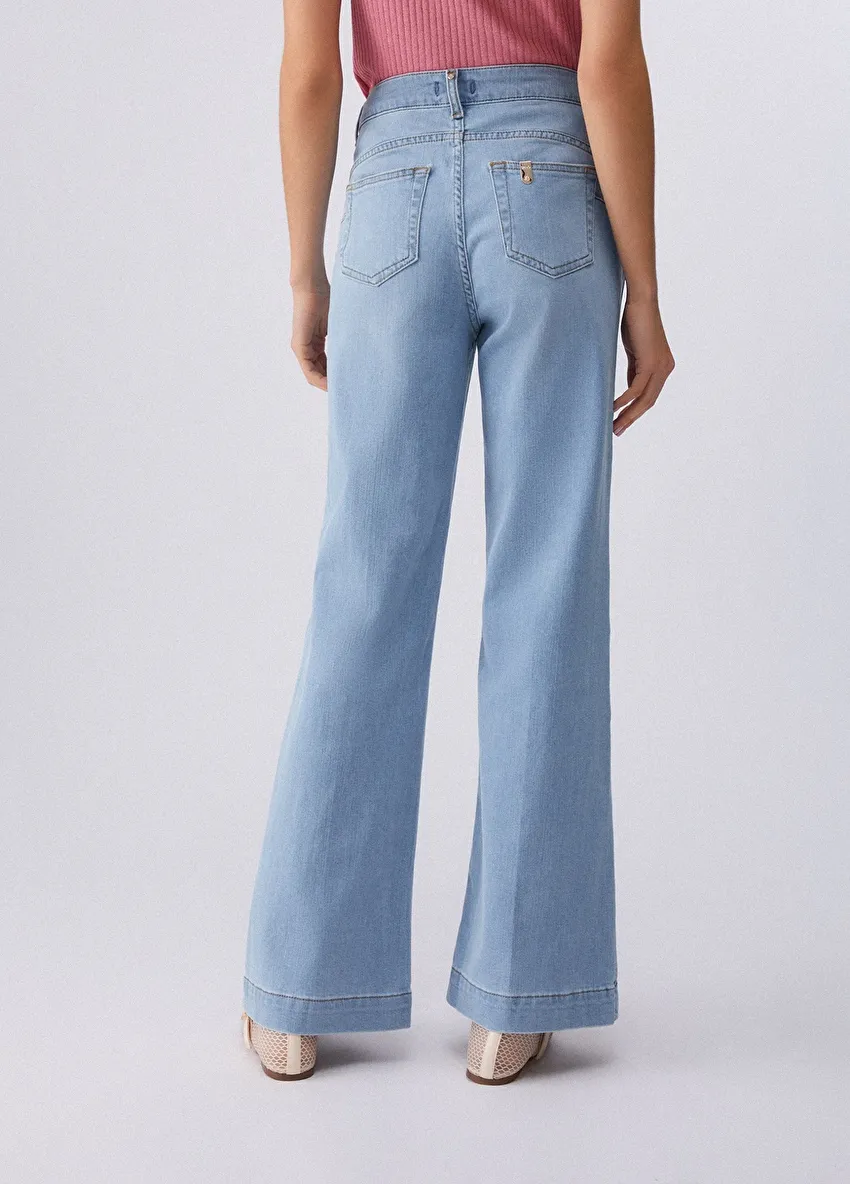 Açık Mavi Yüksek Bel Düğmeli Flare Denim