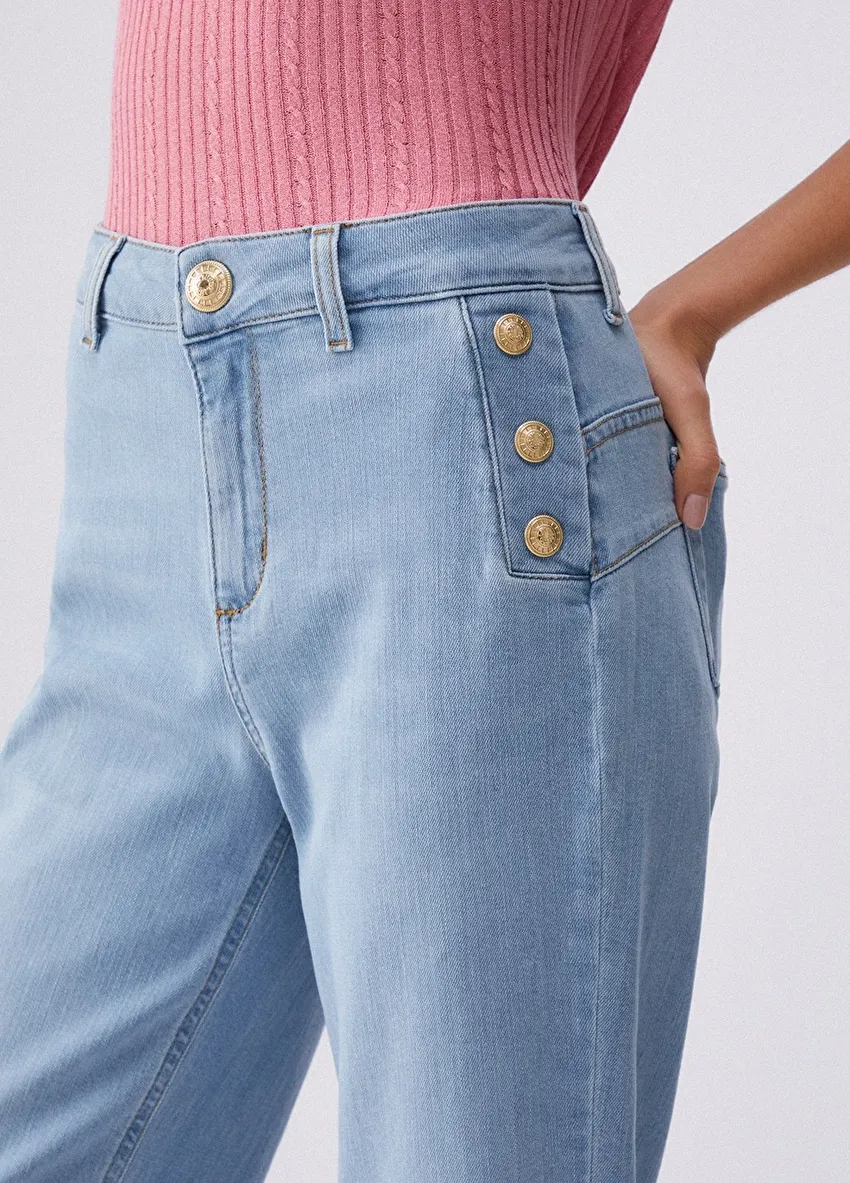 Açık Mavi Yüksek Bel Düğmeli Flare Denim