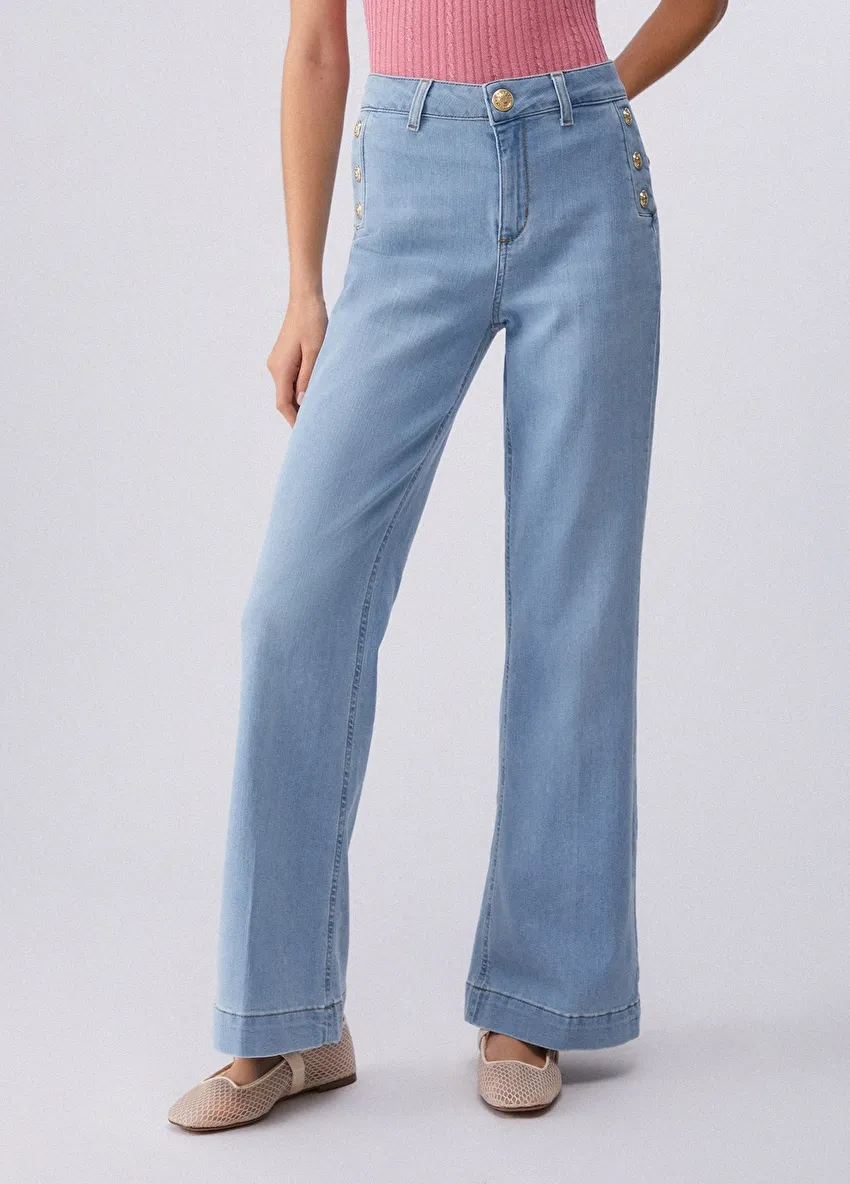 Açık Mavi Yüksek Bel Düğmeli Flare Denim