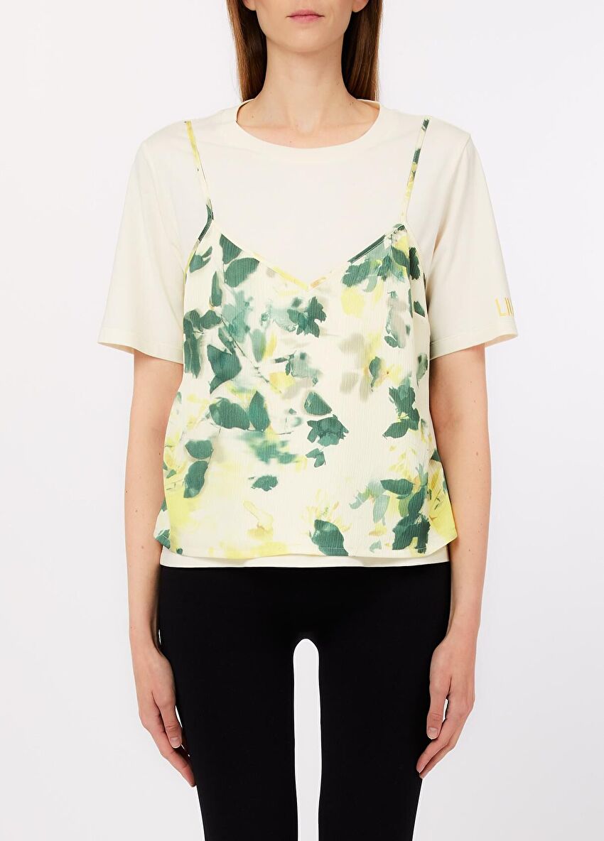 Beyaz / Yeşil Kısa Kollu Moda Tişört