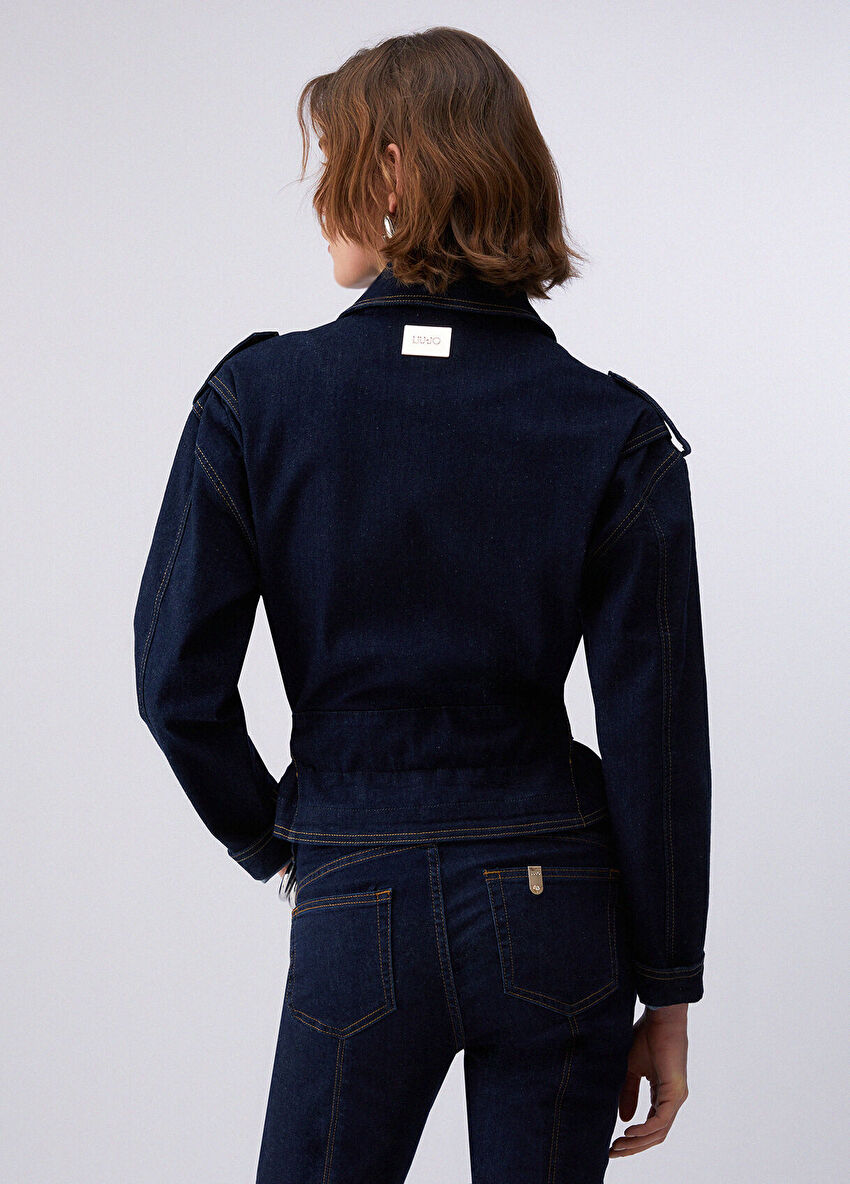 Mavi Zip Detaylı Biker Ceket