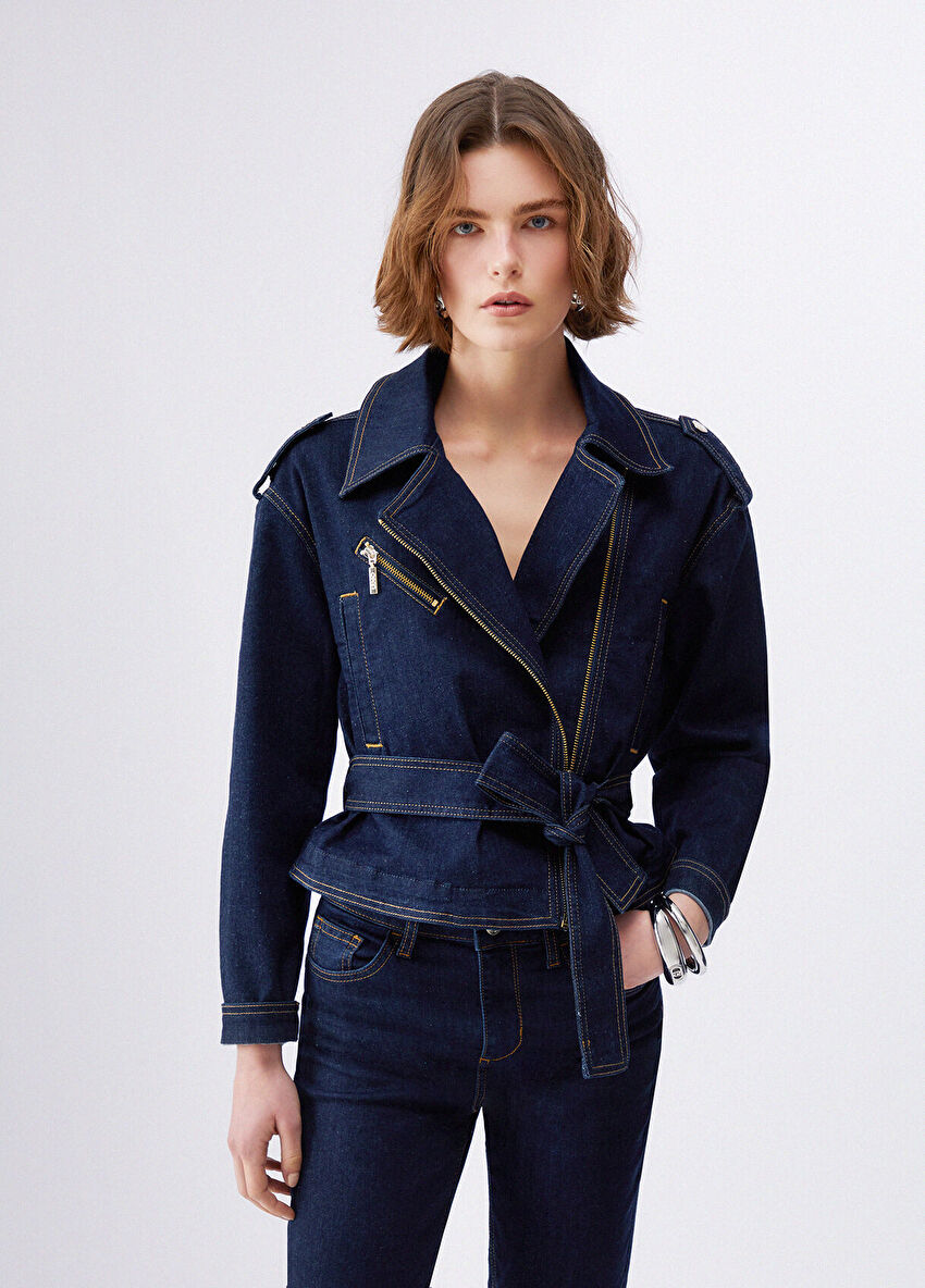 Mavi Zip Detaylı Biker Ceket