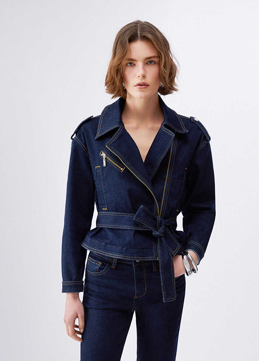 Mavi Zip Detaylı Biker Ceket