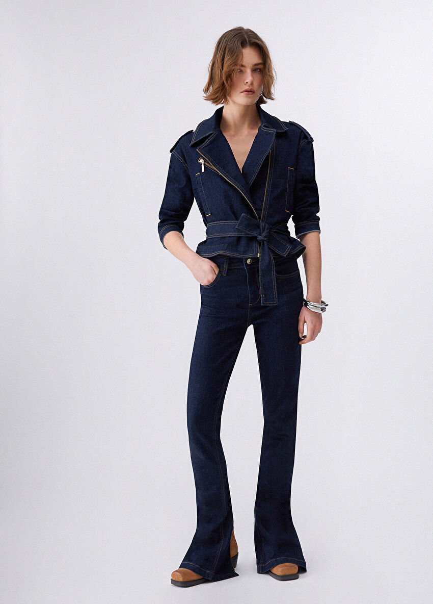 Mavi Zip Detaylı Biker Ceket