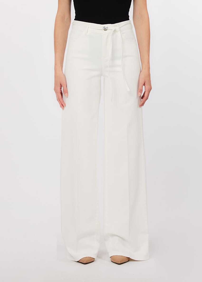 Beyaz Yüksek Bel Flare Denim Pantolon