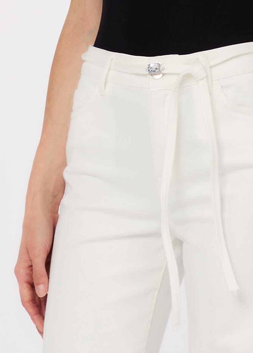 Beyaz Yüksek Bel Flare Denim Pantolon