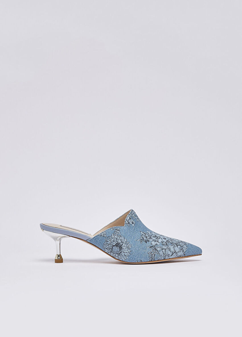 Açık Mavi Çiçek Baskılı Denim Sabot